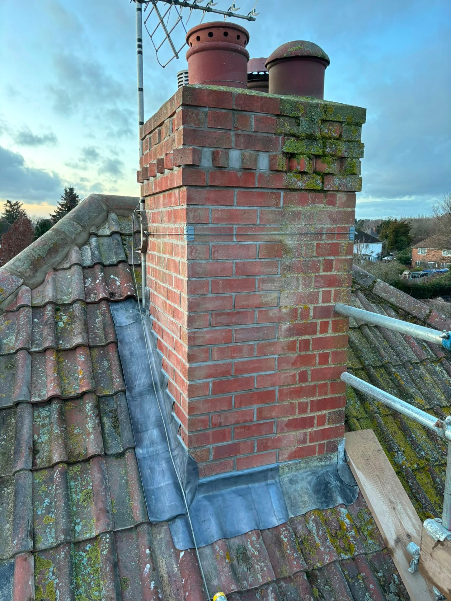 Repaired chimney stack with new lead flashing installed by White Horse Roofing, Oxfordshire