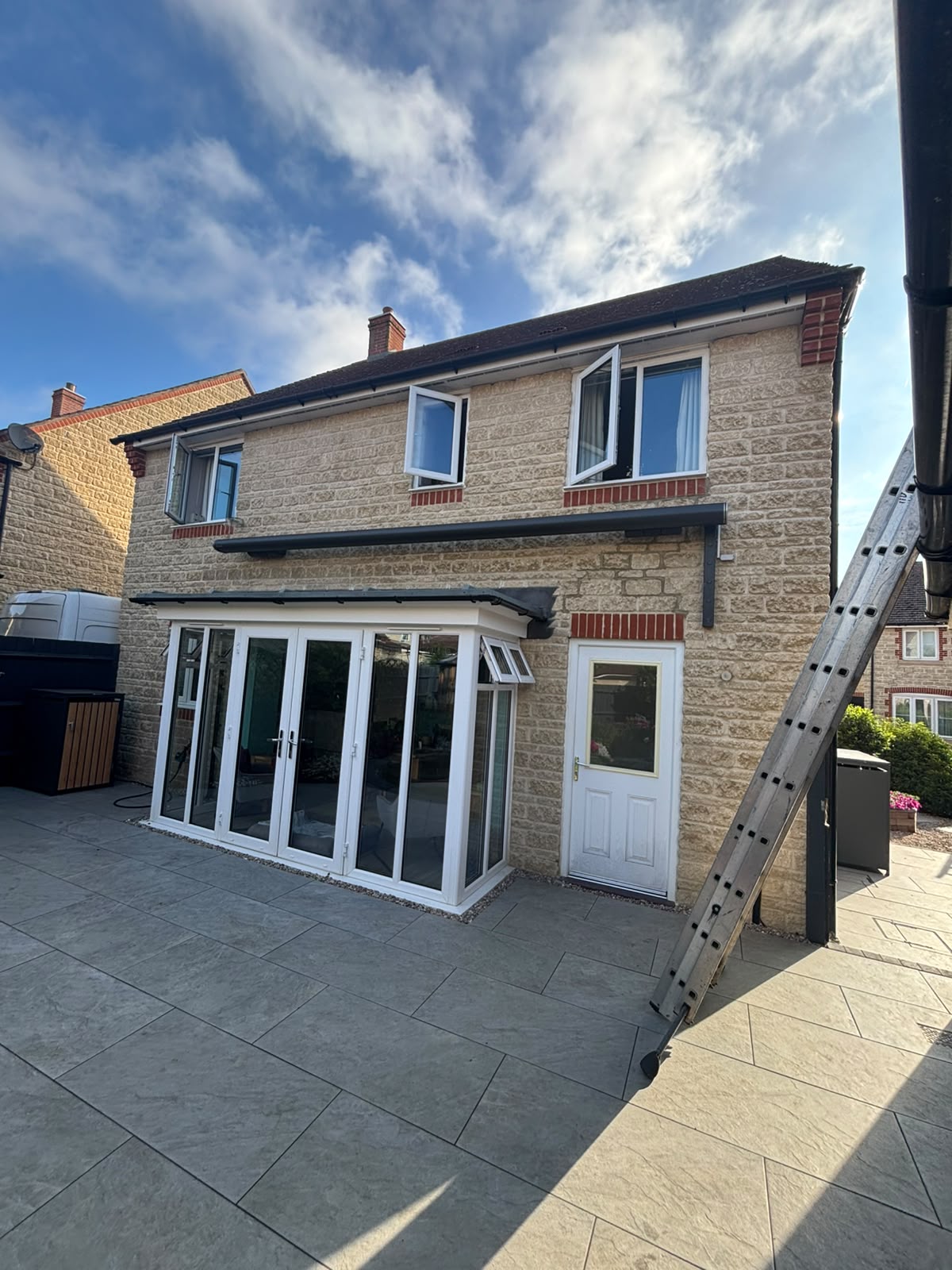 Rear elevation showing new white UPVC fascias and soffits installed by White Horse Roofing, Oxfordshire